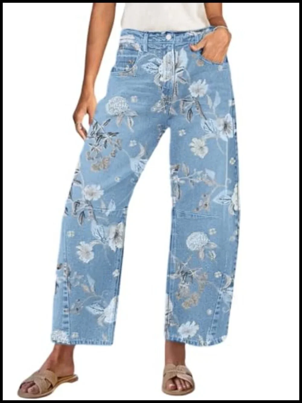 Women Boyfriend Floral Print Baggy Barrel Jeans Cargo Patchwork Wide Leg